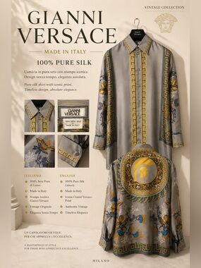 Versace silk Gray and Gold Baroque Print Top